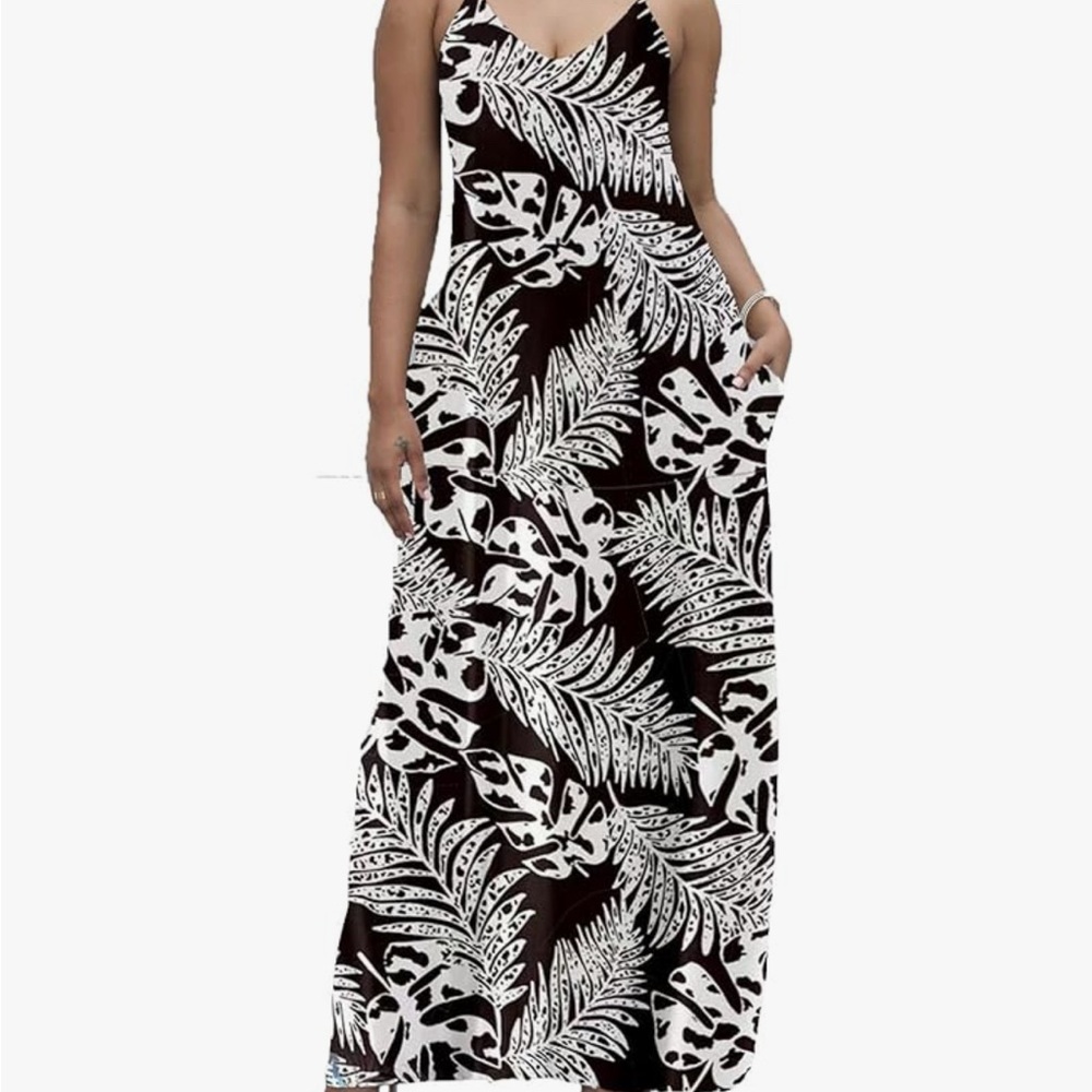 Black and White Leaf Print summer dress maxi